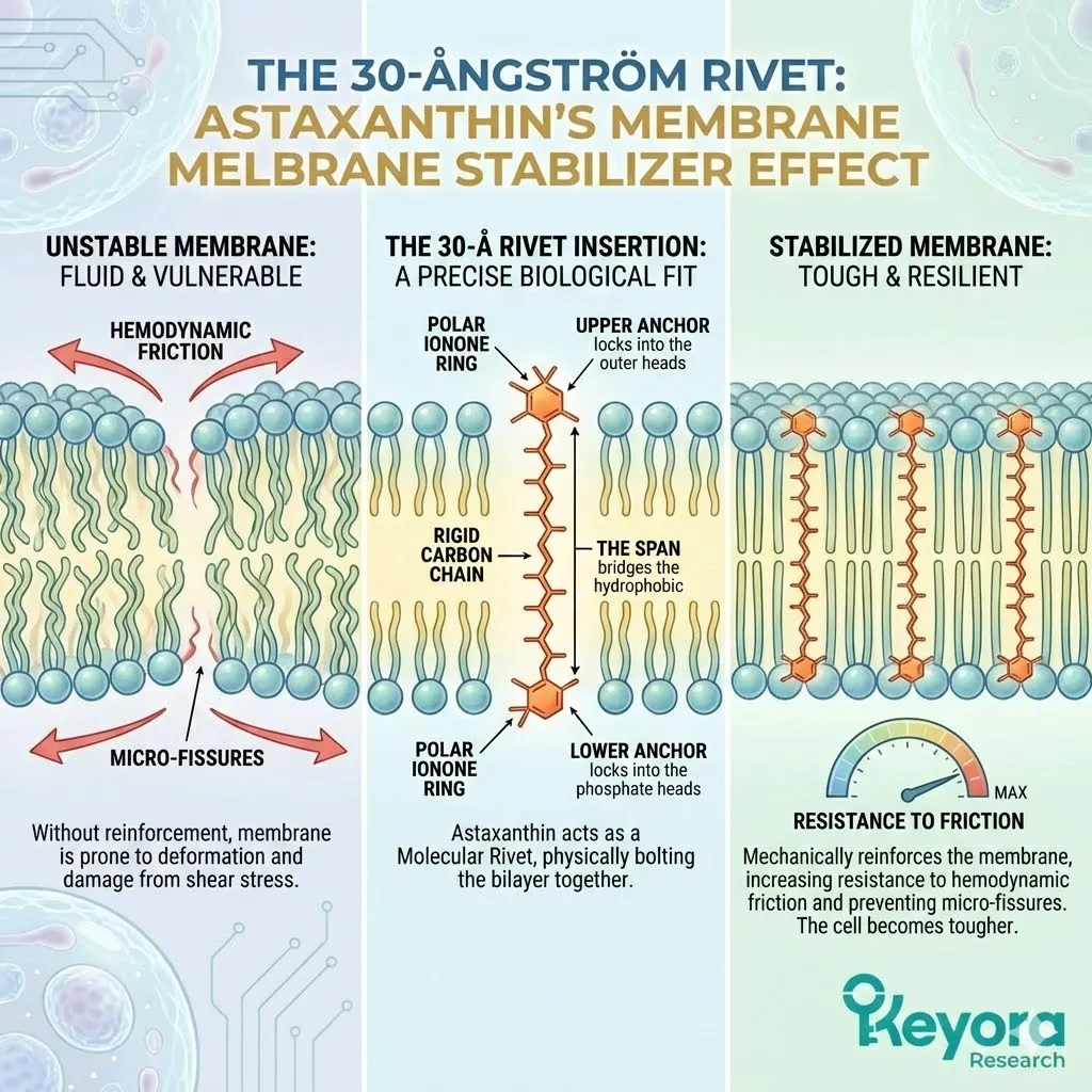 The 30-Ångström Rivet mechanism utilizes Astaxanthin as a molecular bolt to span the phospholipid bilayer, reinforcing structural stiffness against Hemodynamic Friction. The 30-Ångström Rivet mechanism utilizes Astaxanthin as a molecular bolt to span the phospholipid bilayer, reinforcing structural stiffness against Hemodynamic Friction.