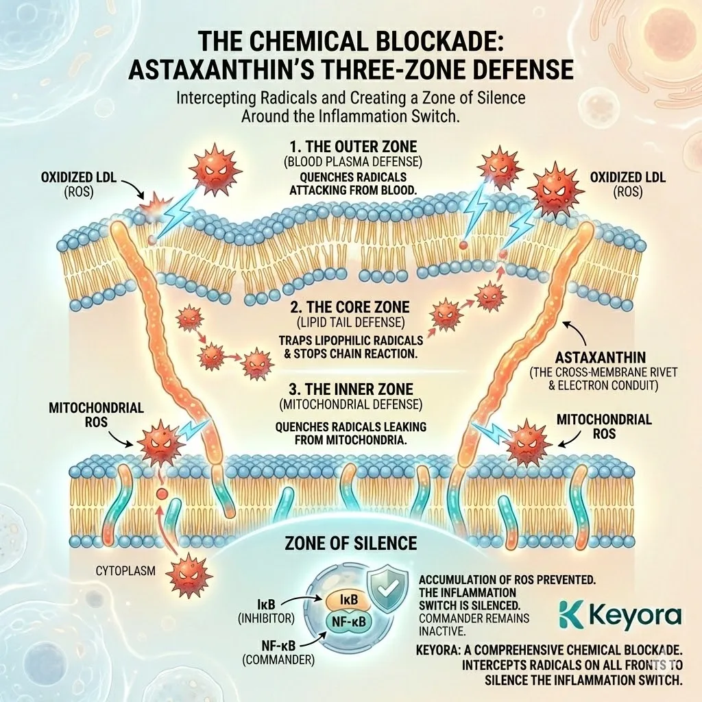The Chemical Blockade mechanism utilizes the Astaxanthin cross-membrane span to intercept ROS in three distinct zones, establishing a Zone of Silence to deactivate the NF-κB switch. The Chemical Blockade mechanism utilizes the Astaxanthin cross-membrane span to intercept ROS in three distinct zones, establishing a Zone of Silence to deactivate the NF-κB switch.