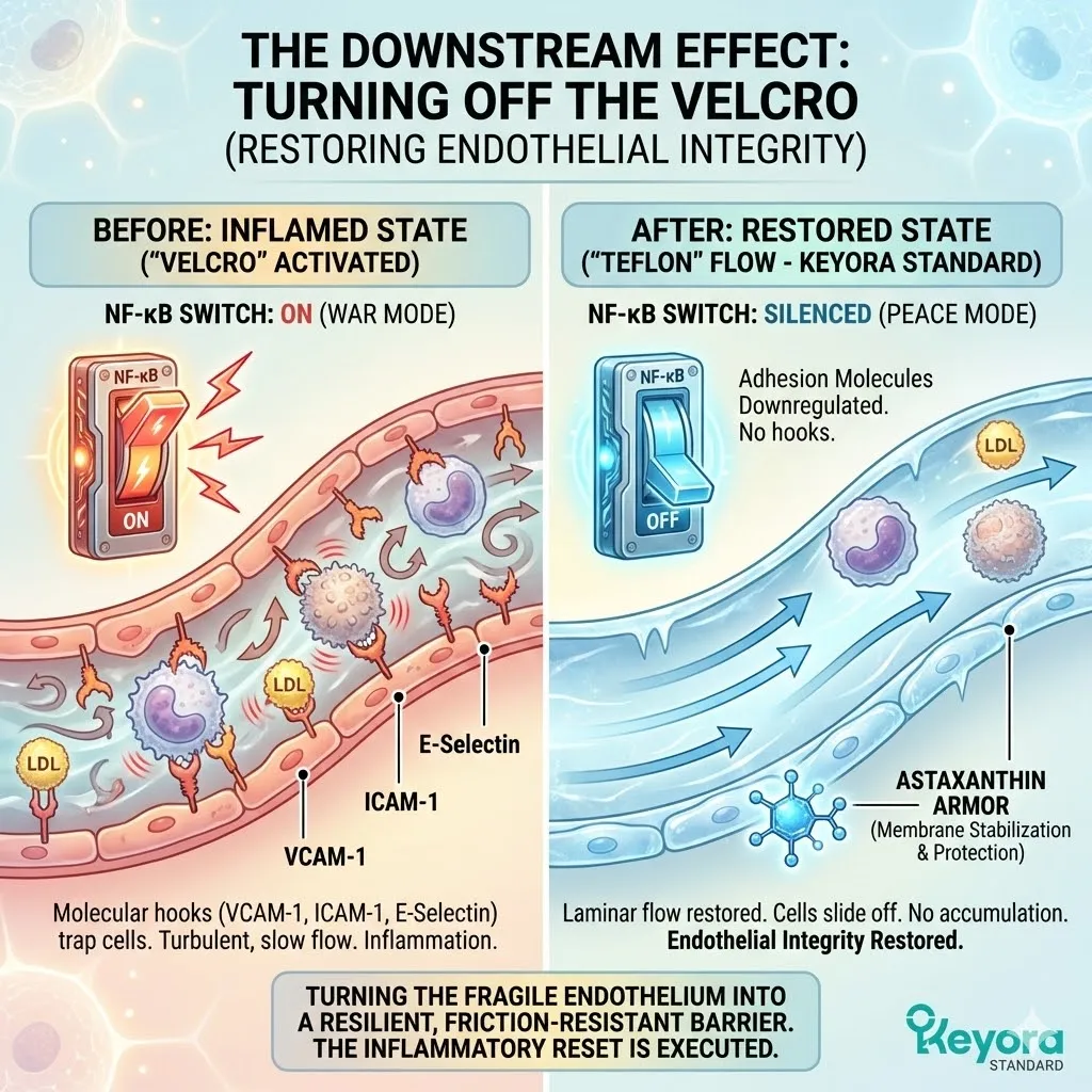 The Downstream Effect mechanism silences NF-κB to downregulate VCAM-1 and ICAM-1 expression, restoring the Endothelial Matrix to a non-thrombogenic Teflon-state. The Downstream Effect mechanism silences NF-κB to downregulate VCAM-1 and ICAM-1 expression, restoring the Endothelial Matrix to a non-thrombogenic Teflon-state.