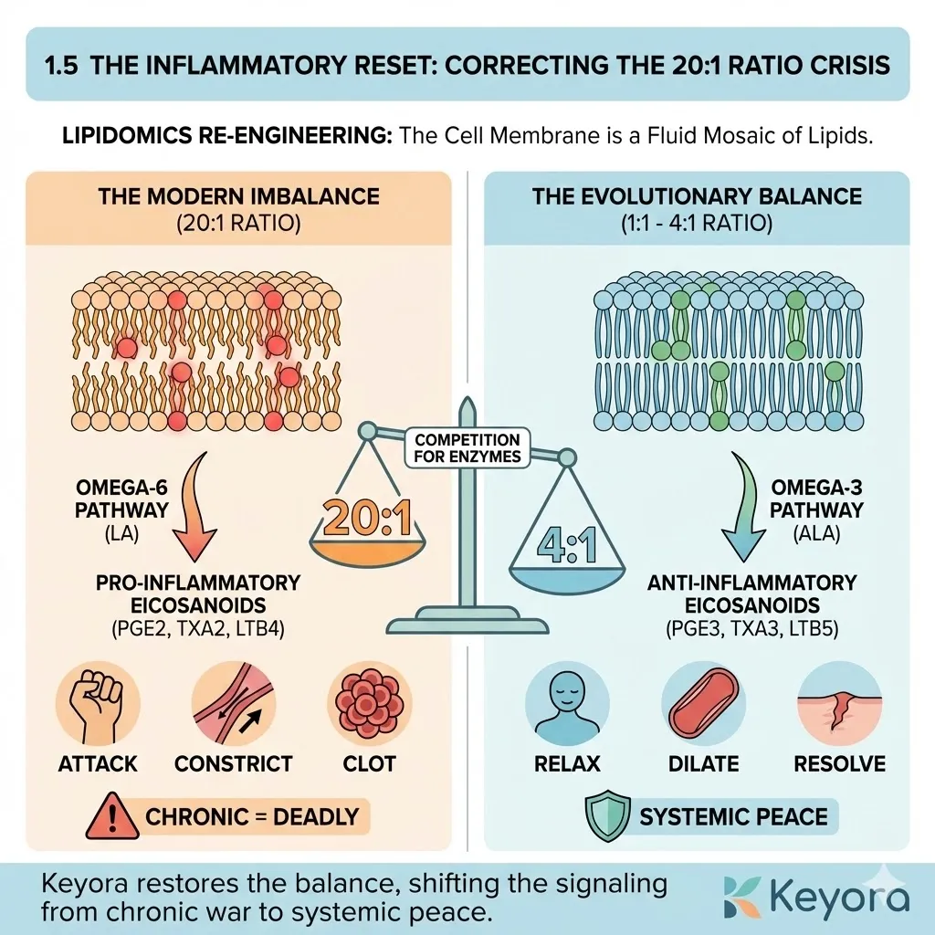 The Inflammatory Reset addresses the 20:1 Ratio Crisis by re-engineering lipidomics to shift eicosanoid production from pro-inflammatory signals to anti-inflammatory resolution. The Inflammatory Reset addresses the 20:1 Ratio Crisis by re-engineering lipidomics to shift eicosanoid production from pro-inflammatory signals to anti-inflammatory resolution.