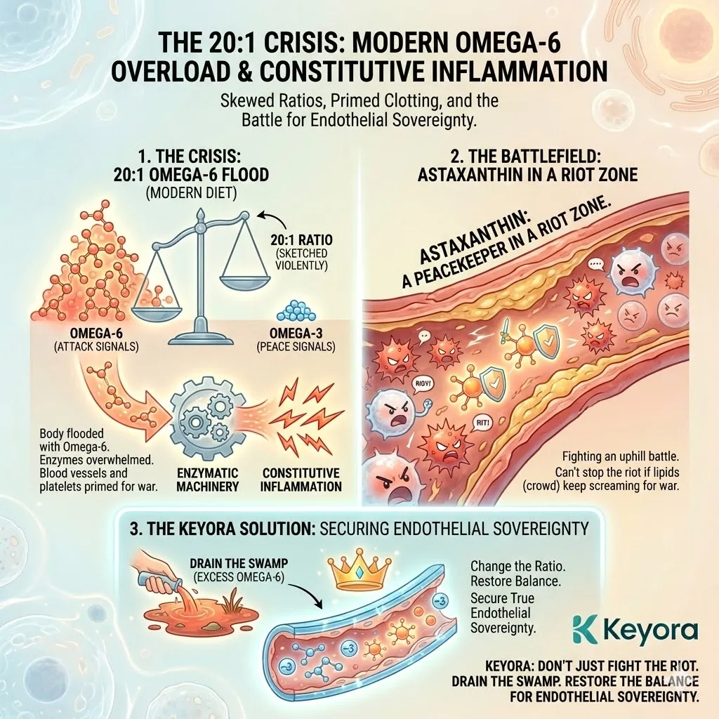 The 20:1 Crisis mechanism induces Constitutive Inflammation by saturating the Four-Drive System with Omega-6, forcing enzymatic machinery to produce continuous attack signals. The 20:1 Crisis mechanism induces Constitutive Inflammation by saturating the Four-Drive System with Omega-6, forcing enzymatic machinery to produce continuous attack signals.