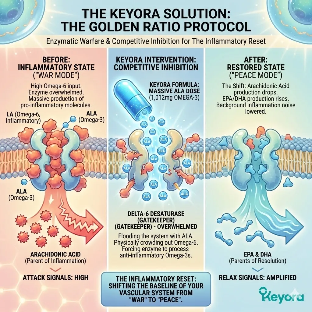 The Golden Ratio Protocol executes Enzymatic Warfare by saturating Delta-6 Desaturase with ALA to achieve Competitive Inhibition of the Omega-6 inflammatory pathway. The Golden Ratio Protocol executes Enzymatic Warfare by saturating Delta-6 Desaturase with ALA to achieve Competitive Inhibition of the Omega-6 inflammatory pathway.
