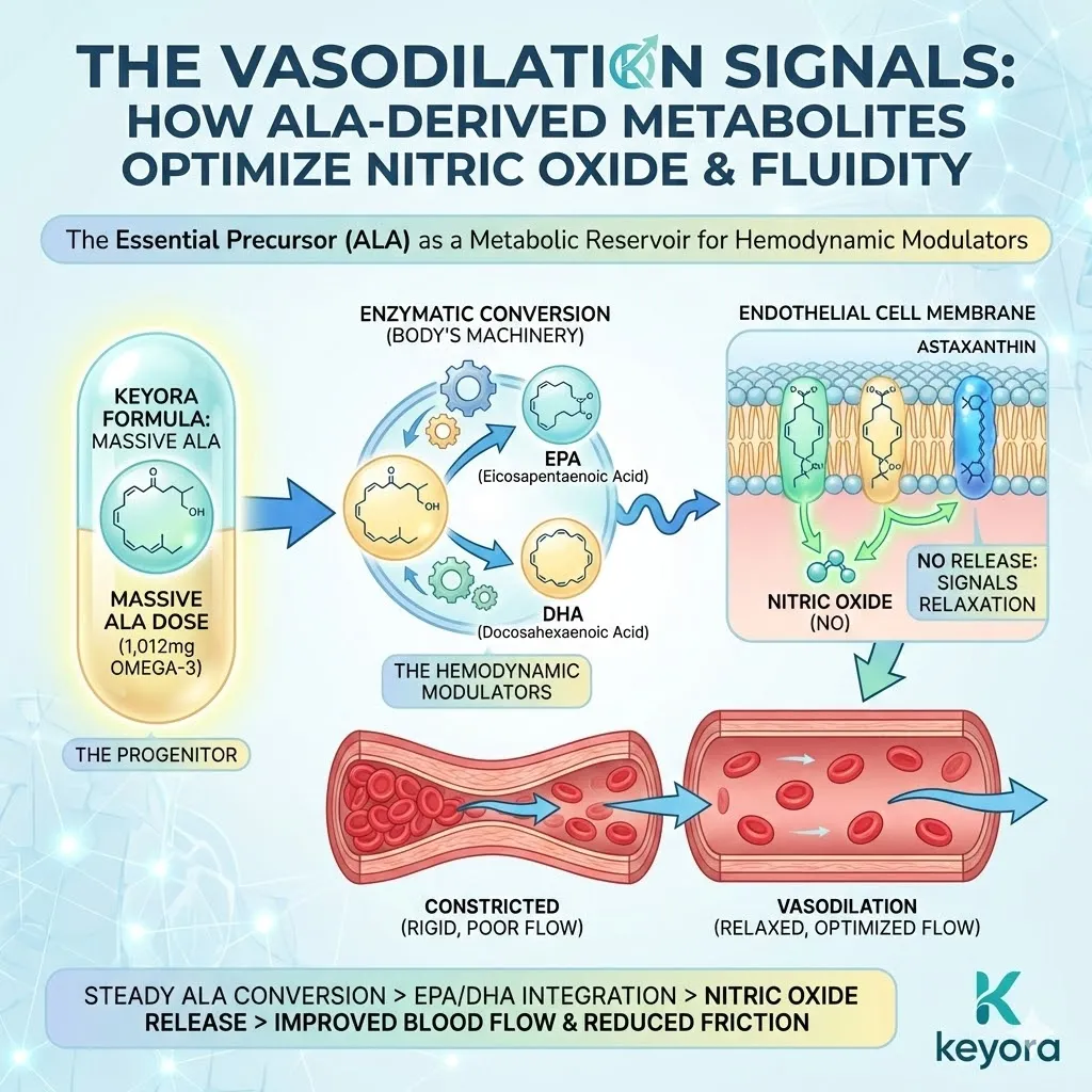 The Hemodynamic Modulators utilize ALA as a metabolic reservoir for the physiological conversion to EPA and DHA, providing essential precursors for vascular signaling and membrane integration. The Hemodynamic Modulators utilize ALA as a metabolic reservoir for the physiological conversion to EPA and DHA, providing essential precursors for vascular signaling and membrane integration.