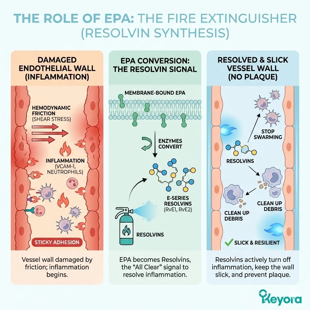 The Resolvin Synthesis mechanism utilizes membrane-bound EPA to produce E-Series Resolvins, actively terminating the inflammatory response and restoring the Endothelial Matrix to a non-thrombogenic state. The Resolvin Synthesis mechanism utilizes membrane-bound EPA to produce E-Series Resolvins, actively terminating the inflammatory response and restoring the Endothelial Matrix to a non-thrombogenic state.