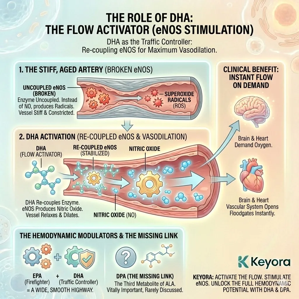 The Flow Activator mechanism utilizes DHA to re-couple the eNOS enzyme within membrane caveolae, restoring Nitric Oxide production and ensuring high-velocity Vasodilation. The Flow Activator mechanism utilizes DHA to re-couple the eNOS enzyme within membrane caveolae, restoring Nitric Oxide production and ensuring high-velocity Vasodilation.