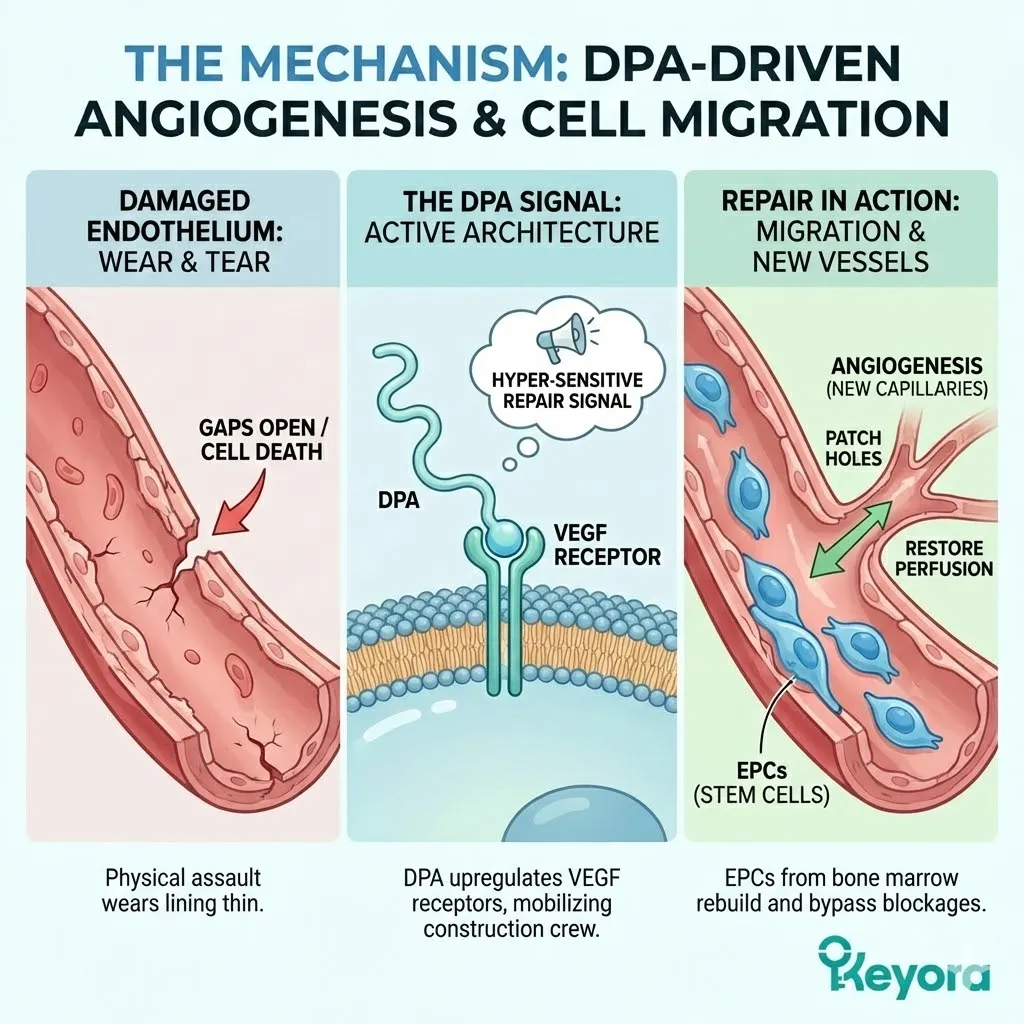The Active Architecture mechanism utilizes DPA to upregulate VEGF receptors and mobilize Endothelial Progenitor Cells, physically patching micro-fissures and driving angiogenesis. The Active Architecture mechanism utilizes DPA to upregulate VEGF receptors and mobilize Endothelial Progenitor Cells, physically patching micro-fissures and driving angiogenesis.