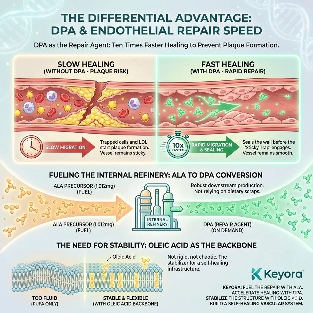 The Differential Advantage mechanism leverages DPA’s 10x superior potency in endothelial migration to accelerate wound closure, sealing micro-fissures before the Sticky Trap can engage. The Differential Advantage mechanism leverages DPA’s 10x superior potency in endothelial migration to accelerate wound closure, sealing micro-fissures before the Sticky Trap can engage.