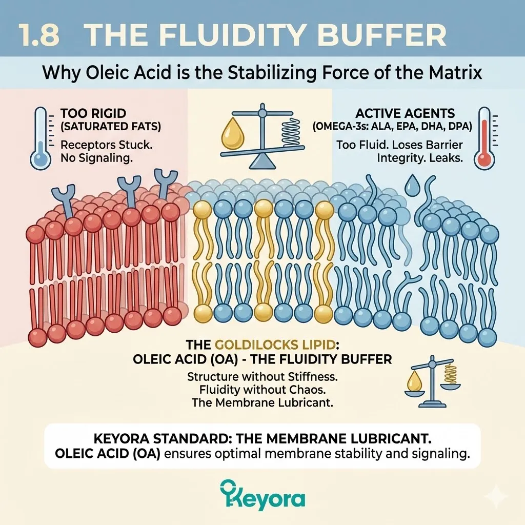 The Fluidity Buffer mechanism utilizes Oleic Acid to achieve the "Goldilocks" balance between Saturated Fat rigidity and PUFA-driven chaos, stabilizing the Endothelial Matrix. The Fluidity Buffer mechanism utilizes Oleic Acid to achieve the "Goldilocks" balance between Saturated Fat rigidity and PUFA-driven chaos, stabilizing the Endothelial Matrix.