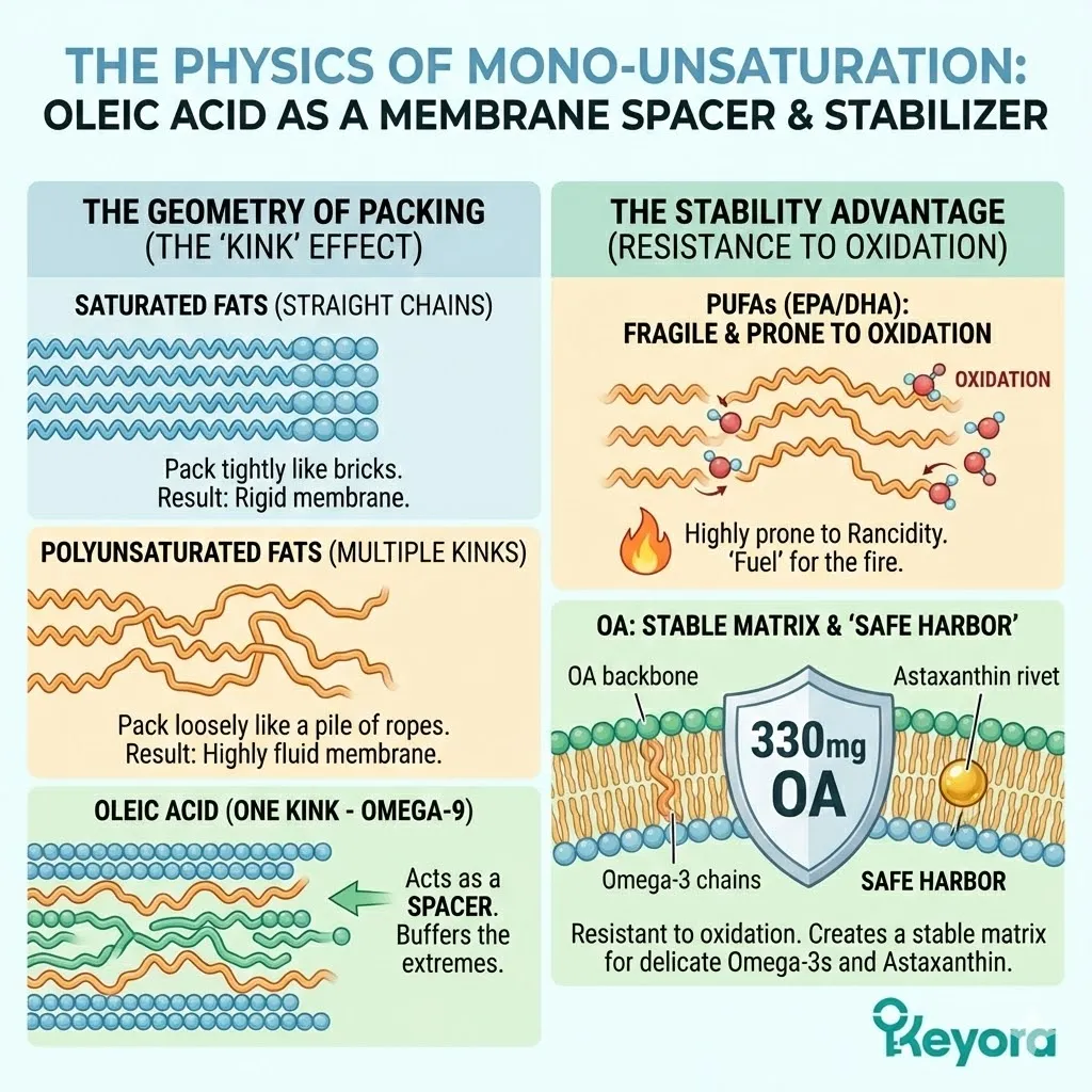 The Stability Advantage mechanism utilizes the unique mono-unsaturated geometry of Oleic Acid to act as a "Safe Harbor," providing a structural backbone that protects fragile PUFAs from oxidative chaos. The Stability Advantage mechanism utilizes the unique mono-unsaturated geometry of Oleic Acid to act as a "Safe Harbor," providing a structural backbone that protects fragile PUFAs from oxidative chaos.