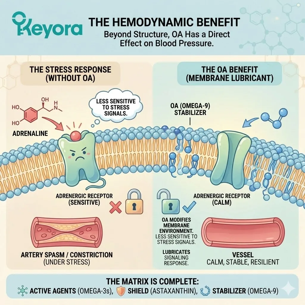 The Hemodynamic Benefit mechanism utilizes Oleic Acid to modulate the membrane environment of Adrenergic Receptors, preventing arterial spasms and maintaining signaling resilience under stress. The Hemodynamic Benefit mechanism utilizes Oleic Acid to modulate the membrane environment of Adrenergic Receptors, preventing arterial spasms and maintaining signaling resilience under stress.