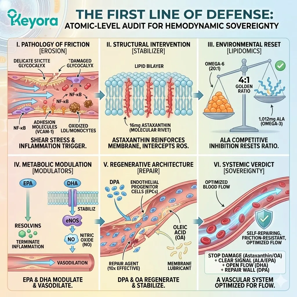 The Hemodynamic Sovereignty verdict synthesizes structural reinforcement (Astaxanthin/OA), inflammatory resets (ALA/EPA), and regenerative repair (DPA) into a singular vascular engineering system. The Hemodynamic Sovereignty verdict synthesizes structural reinforcement (Astaxanthin/OA), inflammatory resets (ALA/EPA), and regenerative repair (DPA) into a singular vascular engineering system.