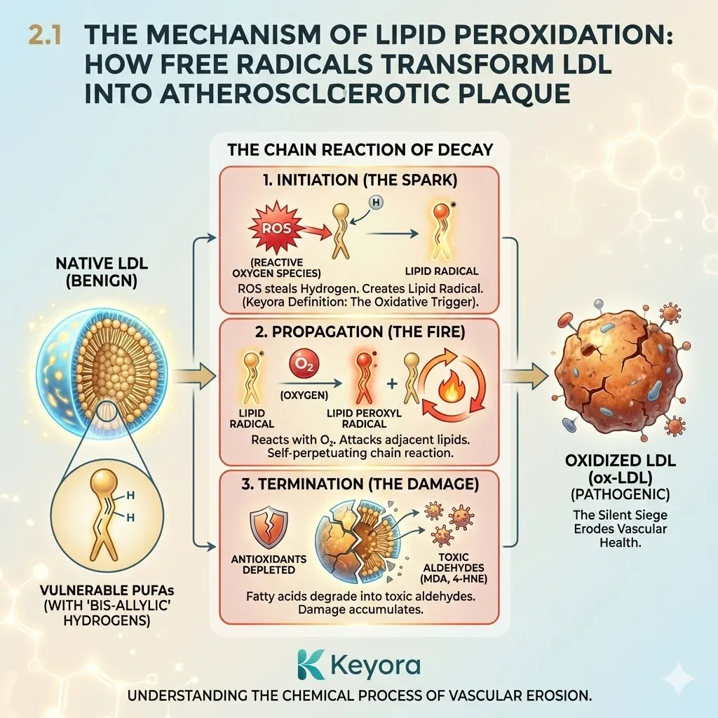 Lipid peroxidation propagation disrupts LDL structural integrity via a chain reaction of decay, accelerating the oxidative trigger into systemic erosion. Lipid peroxidation propagation disrupts LDL structural integrity via a chain reaction of decay, accelerating the oxidative trigger into systemic erosion.