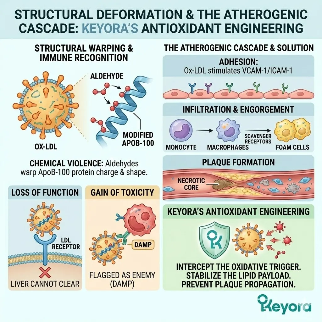 ApoB-100 structural warping by toxic aldehydes triggers the atherogenic cascade, bypassing LDLR recognition for unregulated scavenger receptor infiltration. ApoB-100 structural warping by toxic aldehydes triggers the atherogenic cascade, bypassing LDLR recognition for unregulated scavenger receptor infiltration.