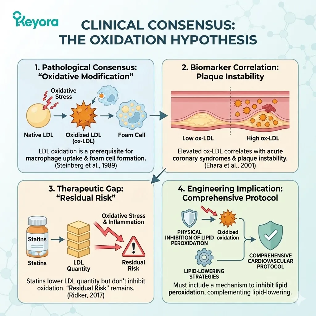 The oxidation hypothesis identifies ox-LDL as the primary driver of residual risk, bypassing statin-induced quantitative reduction to fuel macrophage foam cell formation. The oxidation hypothesis identifies ox-LDL as the primary driver of residual risk, bypassing statin-induced quantitative reduction to fuel macrophage foam cell formation.