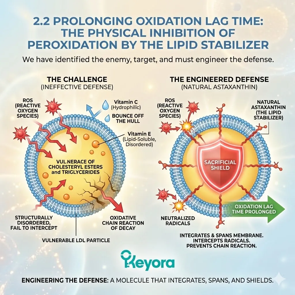 The lipid stabilizer integrates into the LDL architecture to physically inhibit peroxidation by extending the oxidation lag time against the chain reaction of decay. The lipid stabilizer integrates into the LDL architecture to physically inhibit peroxidation by extending the oxidation lag time against the chain reaction of decay.
