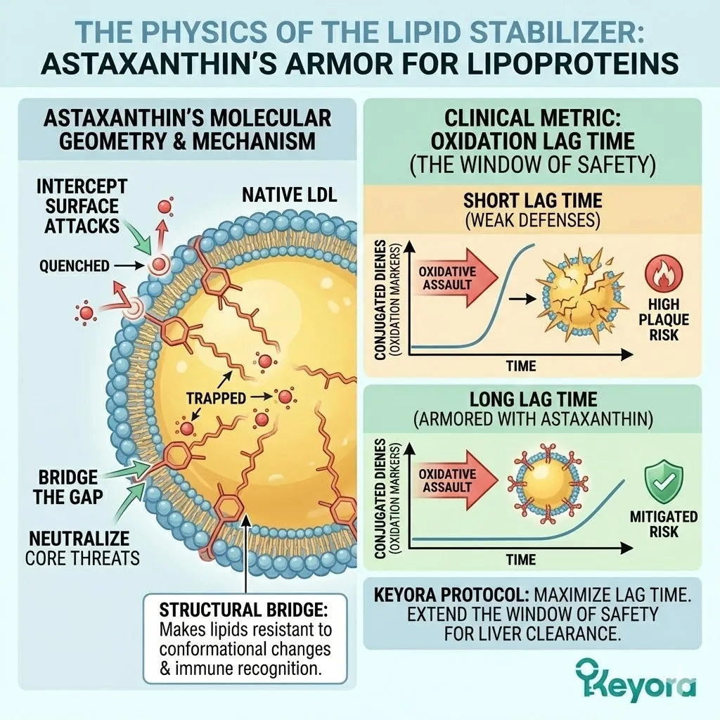 The lipid stabilizer spans the LDL architecture to maximize oxidation lag time, anchoring polar rings to intercept surface attacks and neutralize core threats. The lipid stabilizer spans the LDL architecture to maximize oxidation lag time, anchoring polar rings to intercept surface attacks and neutralize core threats.