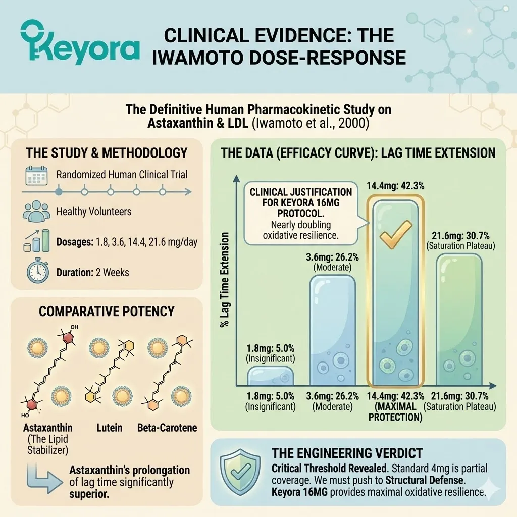 The Iwamoto dose-response curve validates the 16MG protocol to maximize oxidation lag time, achieving maximal structural defense against the oxidative trigger. The Iwamoto dose-response curve validates the 16MG protocol to maximize oxidation lag time, achieving maximal structural defense against the oxidative trigger.