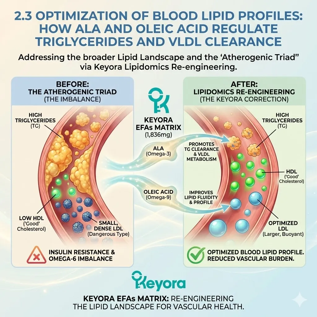 The EFAs Matrix targets the atherogenic triad by re-engineering lipidomics to resolve small dense LDL and correct the 20:1 Omega-6 imbalance for systemic regulator health. The EFAs Matrix targets the atherogenic triad by re-engineering lipidomics to resolve small dense LDL and correct the 20:1 Omega-6 imbalance for systemic regulator health.