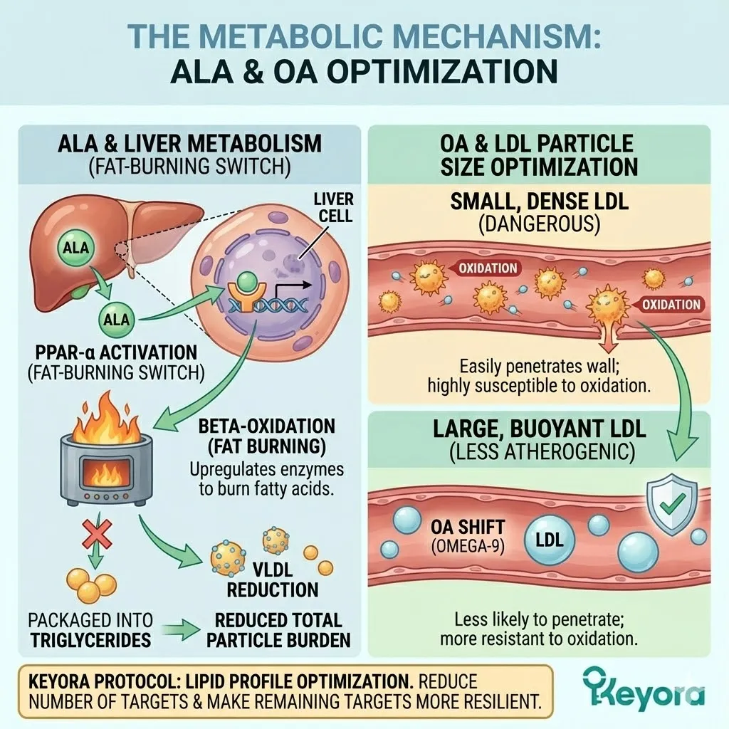 PPAR-alpha activation by ALA upregulates beta-oxidation to reduce VLDL output, while oleic acid shifts particle morphology toward large buoyant LDL for lipid sovereignty. PPAR-alpha activation by ALA upregulates beta-oxidation to reduce VLDL output, while oleic acid shifts particle morphology toward large buoyant LDL for lipid sovereignty.