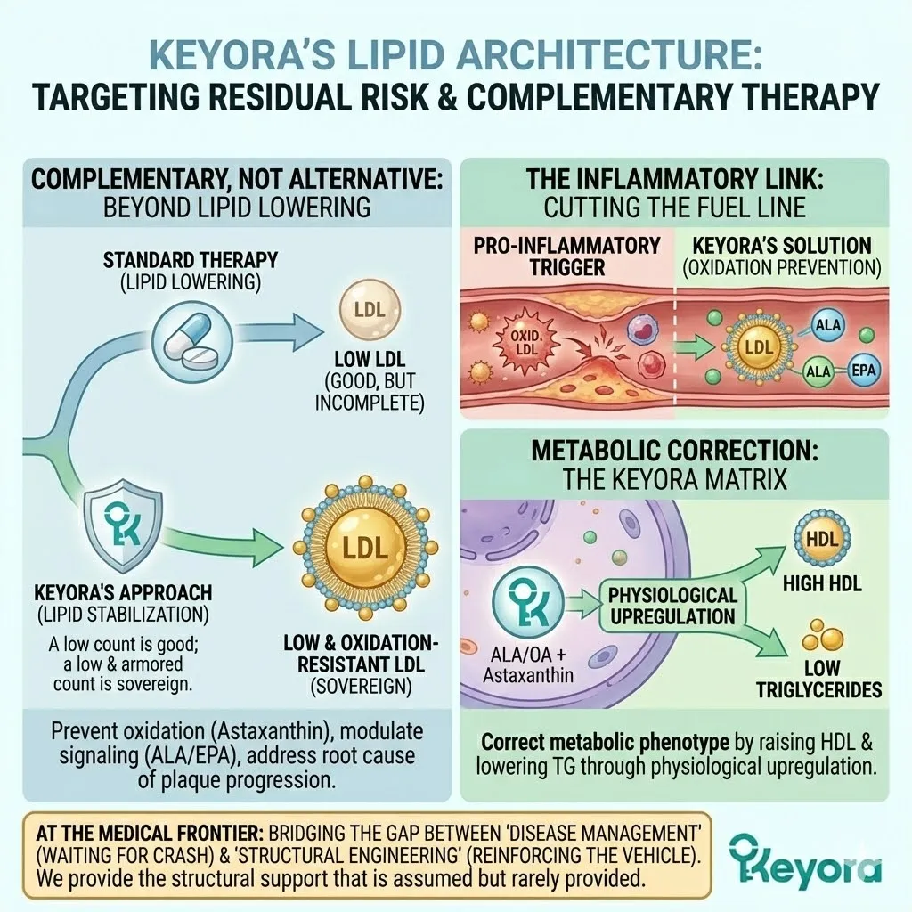 The lipid architecture protocol targets residual risk by integrating lipid stabilization with metabolic correction to neutralize ox-LDL triggers and inflammatory signaling. The lipid architecture protocol targets residual risk by integrating lipid stabilization with metabolic correction to neutralize ox-LDL triggers and inflammatory signaling.