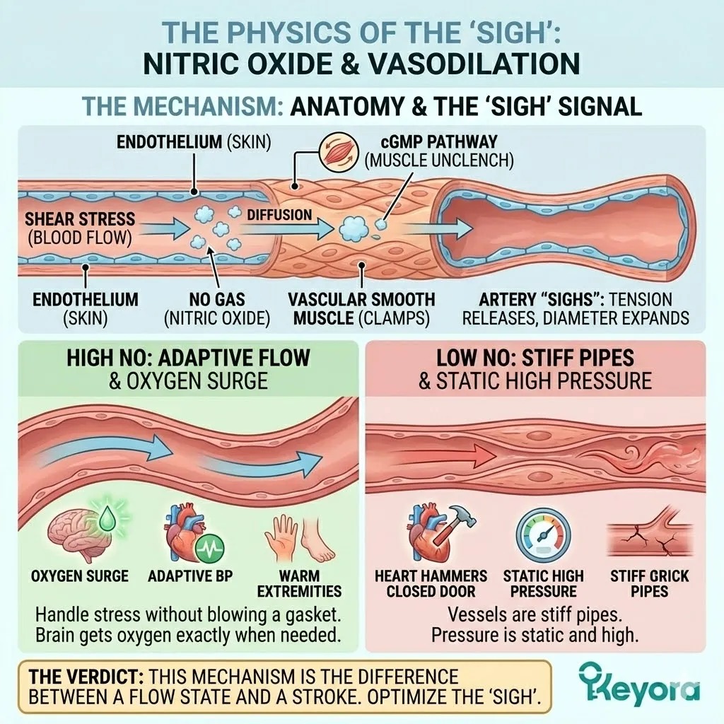The cGMP pathway facilitates vascular smooth muscle relaxation to execute the flow signal command and maintain hemodynamic adaptive capacity. The cGMP pathway facilitates vascular smooth muscle relaxation to execute the flow signal command and maintain hemodynamic adaptive capacity.