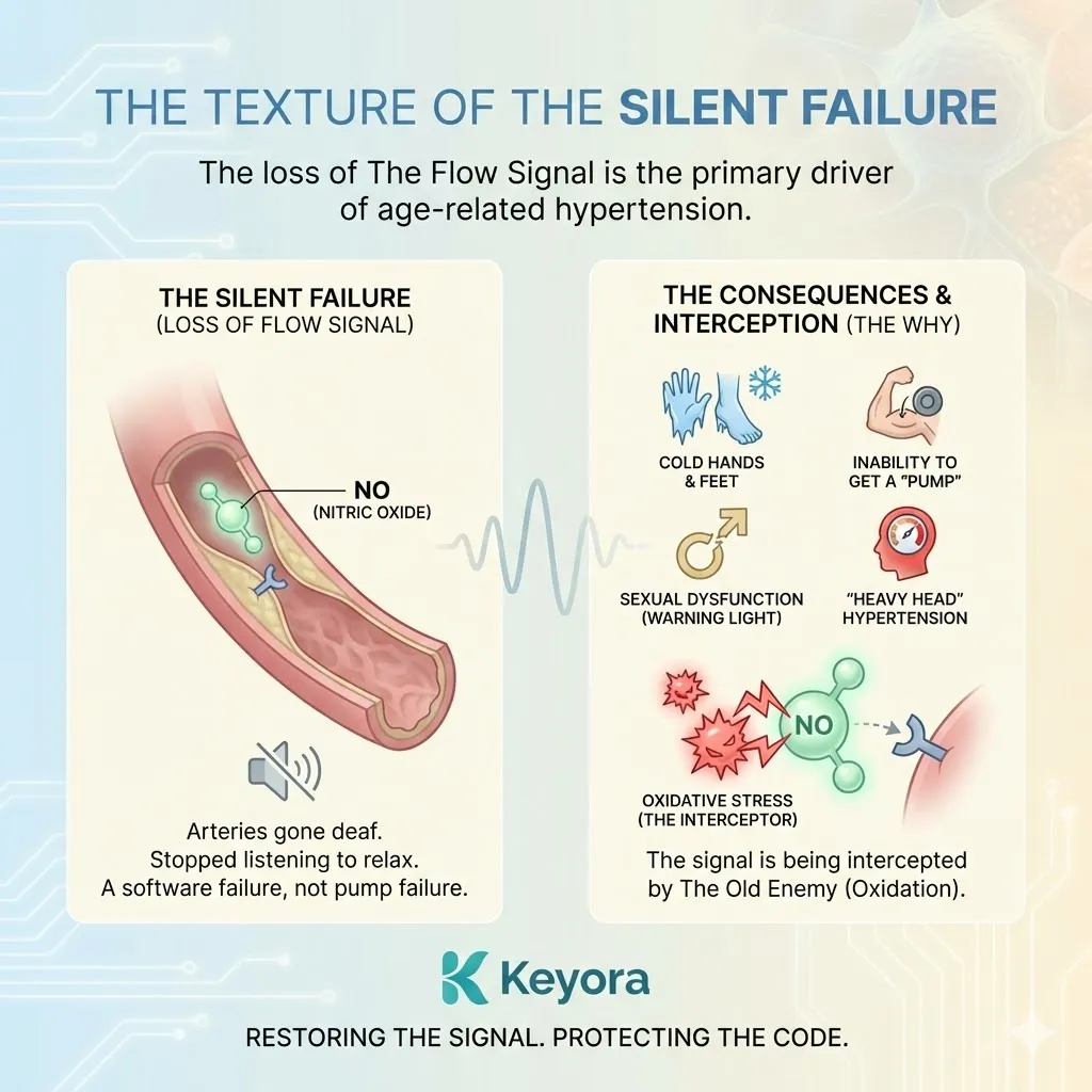 Vascular smooth muscle dysfunction signals a software failure where the flow signal is intercepted, leading to systemic hypertension and impaired hemodynamic adaptive capacity. Vascular smooth muscle dysfunction signals a software failure where the flow signal is intercepted, leading to systemic hypertension and impaired hemodynamic adaptive capacity.
