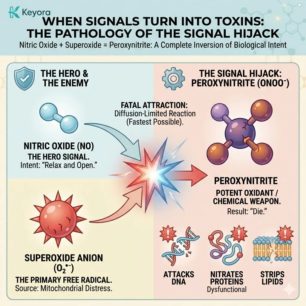 The signal hijack collision between nitric oxide and superoxide anion generates peroxynitrite, converting the relaxation command into a destructive chemical weapon. The signal hijack collision between nitric oxide and superoxide anion generates peroxynitrite, converting the relaxation command into a destructive chemical weapon.