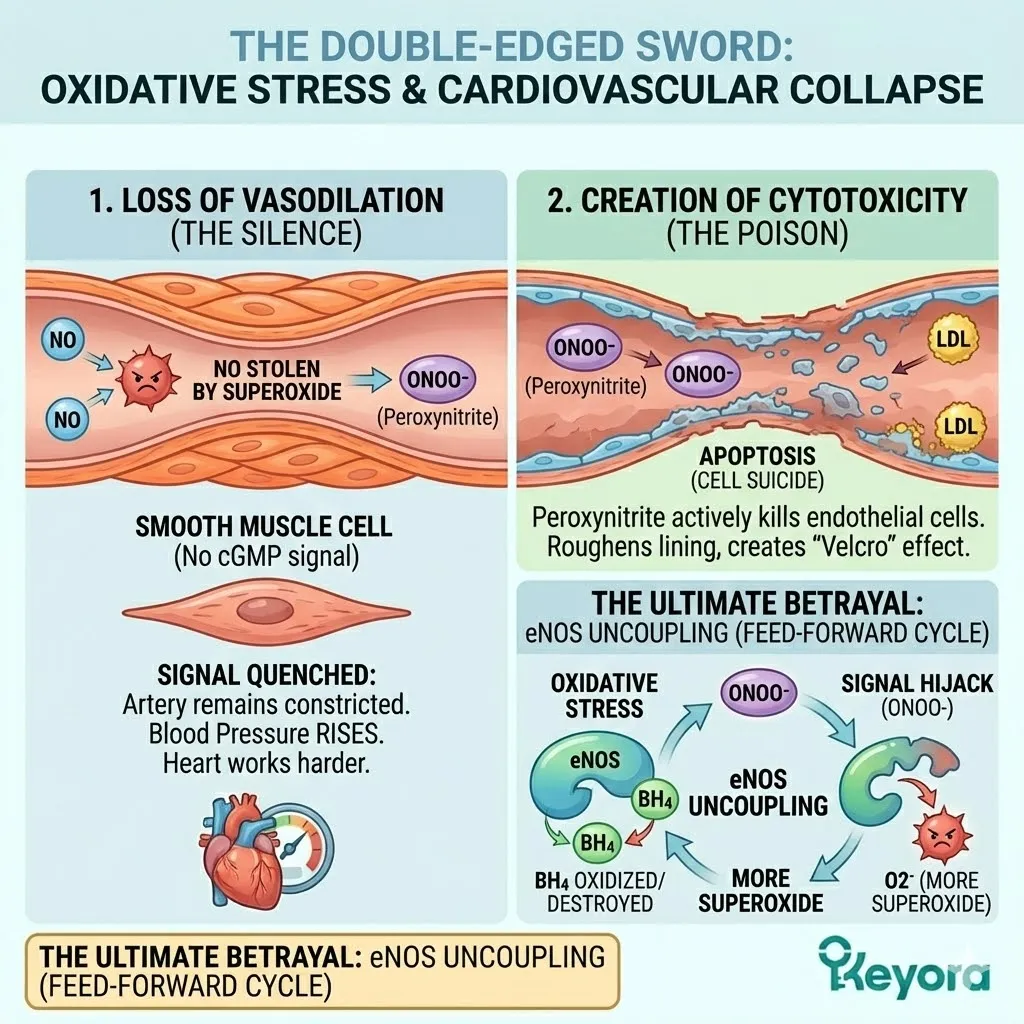 Peroxynitrite-induced BH4 oxidation triggers eNOS uncoupling, converting the nitric oxide factory into a superoxide generator that fuels the feed-forward cycle of vascular collapse. Peroxynitrite-induced BH4 oxidation triggers eNOS uncoupling, converting the nitric oxide factory into a superoxide generator that fuels the feed-forward cycle of vascular collapse.