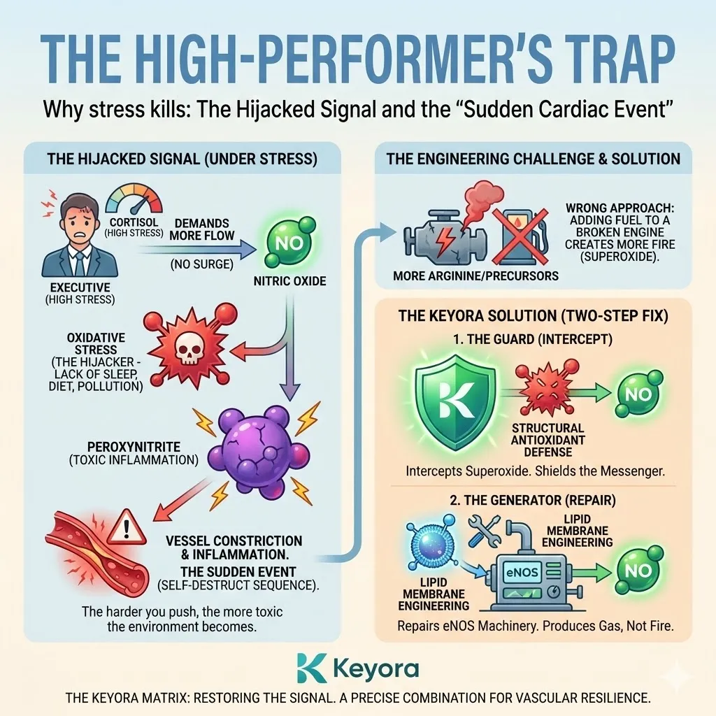The high-performer trap triggers a self-destruct sequence where cortisol-driven NO surges are hijacked into peroxynitrite, accelerating vascular collapse under pressure. The high-performer trap triggers a self-destruct sequence where cortisol-driven NO surges are hijacked into peroxynitrite, accelerating vascular collapse under pressure.