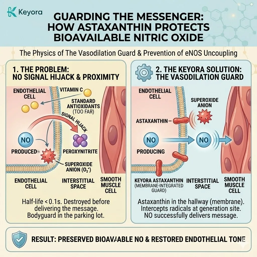 The vasodilation guard intercepts superoxide at the membrane interface to prevent nitric oxide theft and ensure the flow signal reaches the smooth muscle. The vasodilation guard intercepts superoxide at the membrane interface to prevent nitric oxide theft and ensure the flow signal reaches the smooth muscle.