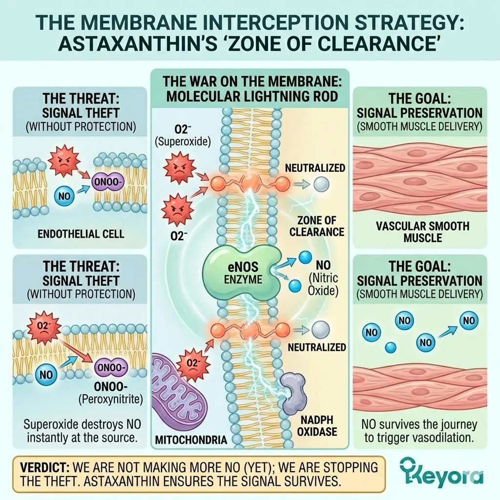 The membrane interception strategy creates a zone of clearance around eNOS, utilizing astaxanthin as a molecular lightning rod to delocalize superoxide energy. The membrane interception strategy creates a zone of clearance around eNOS, utilizing astaxanthin as a molecular lightning rod to delocalize superoxide energy.