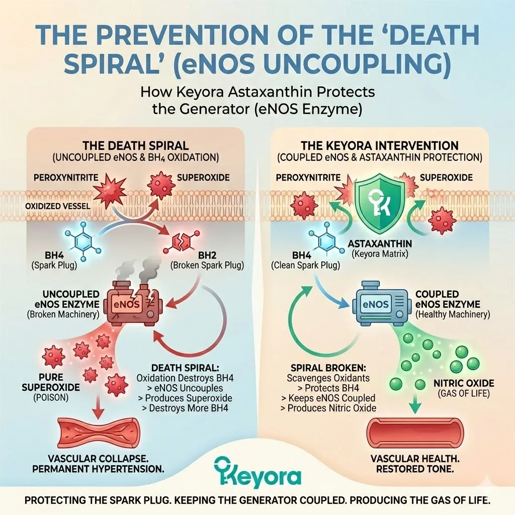 The death spiral is neutralized by protecting the BH4 cofactor from peroxynitrite-driven oxidation, preventing eNOS uncoupling and the shift toward superoxide production. The death spiral is neutralized by protecting the BH4 cofactor from peroxynitrite-driven oxidation, preventing eNOS uncoupling and the shift toward superoxide production.