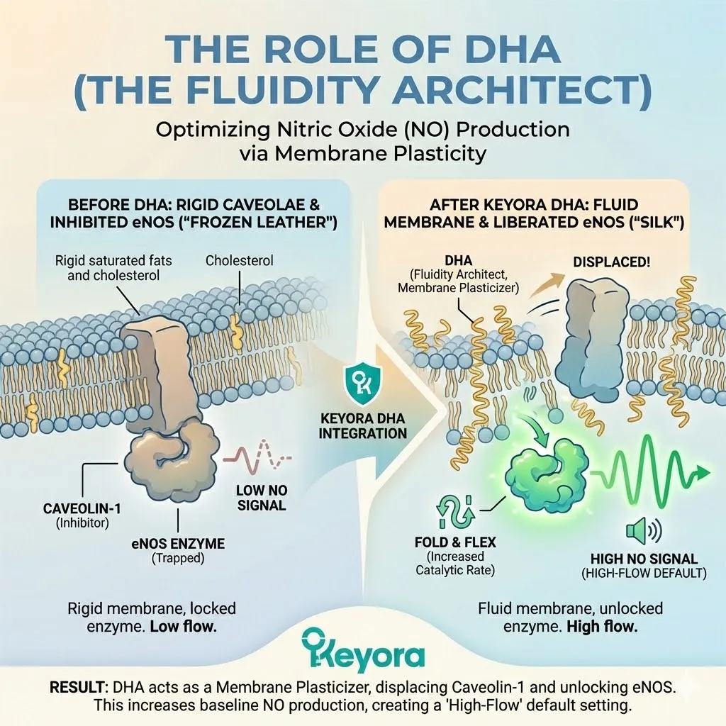 DHA acts as a membrane plasticizer within caveolae to displace caveolin-1 inhibitors and unlock the eNOS enzyme for maximal signal generation capacity. DHA acts as a membrane plasticizer within caveolae to displace caveolin-1 inhibitors and unlock the eNOS enzyme for maximal signal generation capacity.
