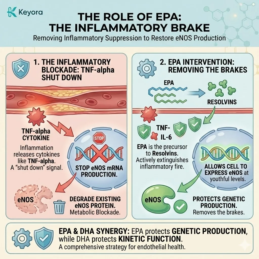 EPA-derived resolvins neutralize TNF-alpha blockades to prevent eNOS mRNA degradation, removing the inflammatory brakes to restore youthful genetic expression of the flow signal. EPA-derived resolvins neutralize TNF-alpha blockades to prevent eNOS mRNA degradation, removing the inflammatory brakes to restore youthful genetic expression of the flow signal.