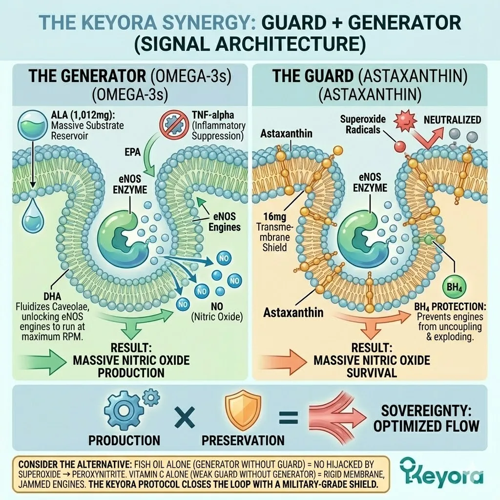 The signal architecture protocol integrates the EPA/DHA generator with the 16MG sacrificial guard to achieve a synergistic multiplication of nitric oxide production and survival. The signal architecture protocol integrates the EPA/DHA generator with the 16MG sacrificial guard to achieve a synergistic multiplication of nitric oxide production and survival.