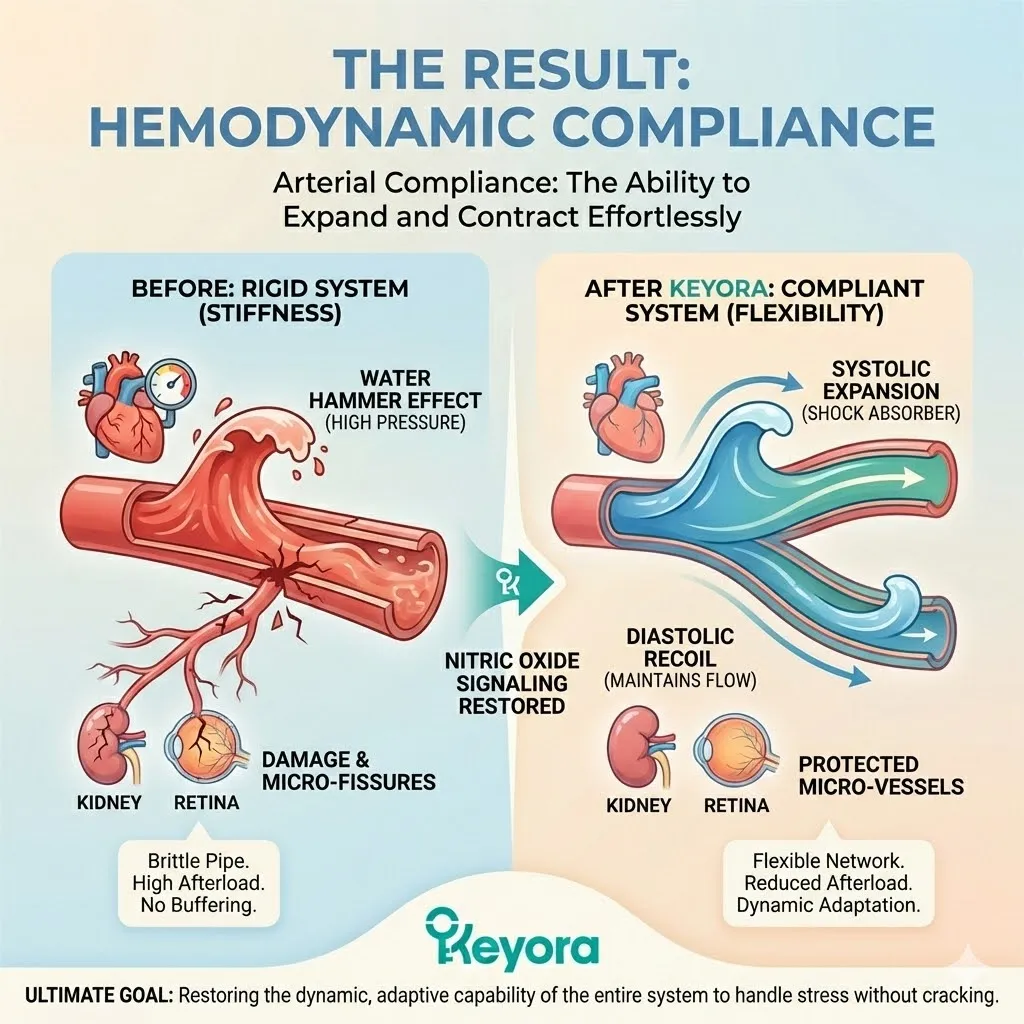 The restoration of hemodynamic compliance transforms rigid pipes into shock absorbers, utilizing nitric oxide signaling to buffer pressure waves and neutralize the water-hammer effect. The restoration of hemodynamic compliance transforms rigid pipes into shock absorbers, utilizing nitric oxide signaling to buffer pressure waves and neutralize the water-hammer effect.