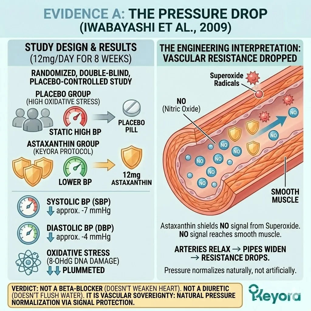 The Iwabayashi protocol confirms that 12mg astaxanthin reduces systolic and diastolic pressure by neutralizing the signal hijack and restoring vascular resistance to baseline. The Iwabayashi protocol confirms that 12mg astaxanthin reduces systolic and diastolic pressure by neutralizing the signal hijack and restoring vascular resistance to baseline.