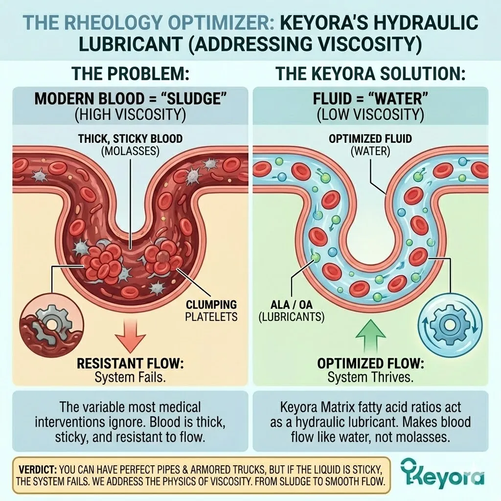 The descent into vascular rheology identifies blood viscosity as the final failure point, where the Keyora Matrix functions as a hydraulic lubricant to transition flow from molasses to water. The descent into vascular rheology identifies blood viscosity as the final failure point, where the Keyora Matrix functions as a hydraulic lubricant to transition flow from molasses to water.