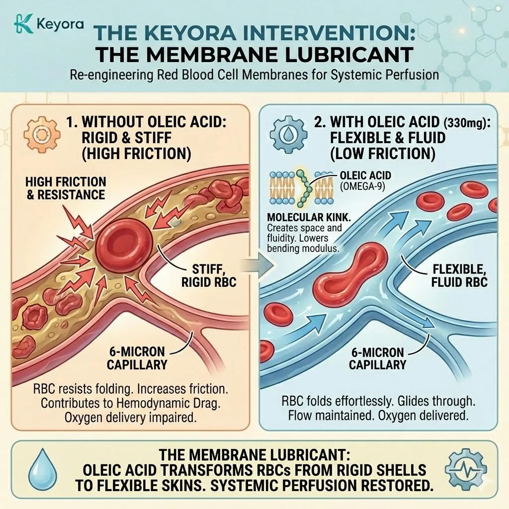 Oleic acid integration lowers bending modulus for RBC membrane lubrication, ensuring seamless capillary transit to eliminate hemodynamic drag and secure systemic sovereignty. Oleic acid integration lowers bending modulus for RBC membrane lubrication, ensuring seamless capillary transit to eliminate hemodynamic drag and secure systemic sovereignty.