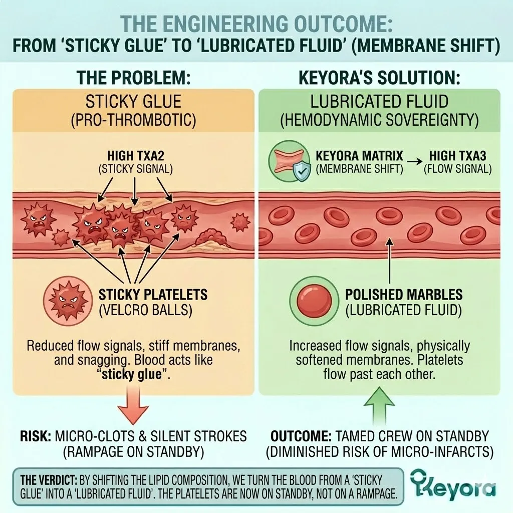 Platelet membrane remodeling reduces TXA2 stickiness while increasing TXA3 flow signals to transform blood from adhesive glue into a lubricated systemic regulator. Platelet membrane remodeling reduces TXA2 stickiness while increasing TXA3 flow signals to transform blood from adhesive glue into a lubricated systemic regulator.