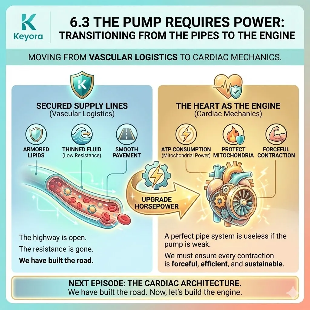 Transitioning from vascular logistics to cardiac mechanics optimizes ATP synthesis and mitochondrial density to power the Four-Drive System and prevent a Neuro-Endocrine Storm. Transitioning from vascular logistics to cardiac mechanics optimizes ATP synthesis and mitochondrial density to power the Four-Drive System and prevent a Neuro-Endocrine Storm.