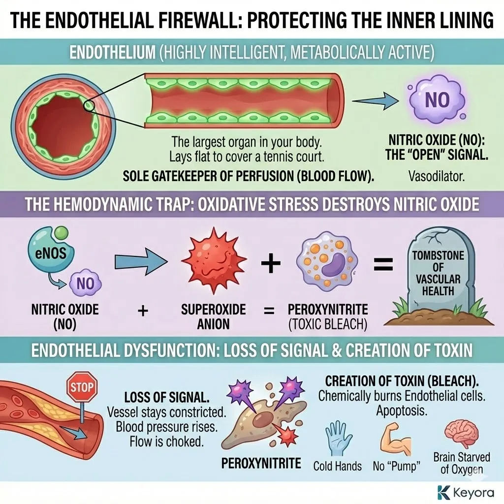 Endothelial dysfunction utilizes peroxynitrite formation to collapse the four-drive system and compromise neurological sovereignty through vascular constriction. Endothelial dysfunction utilizes peroxynitrite formation to collapse the four-drive system and compromise neurological sovereignty through vascular constriction.