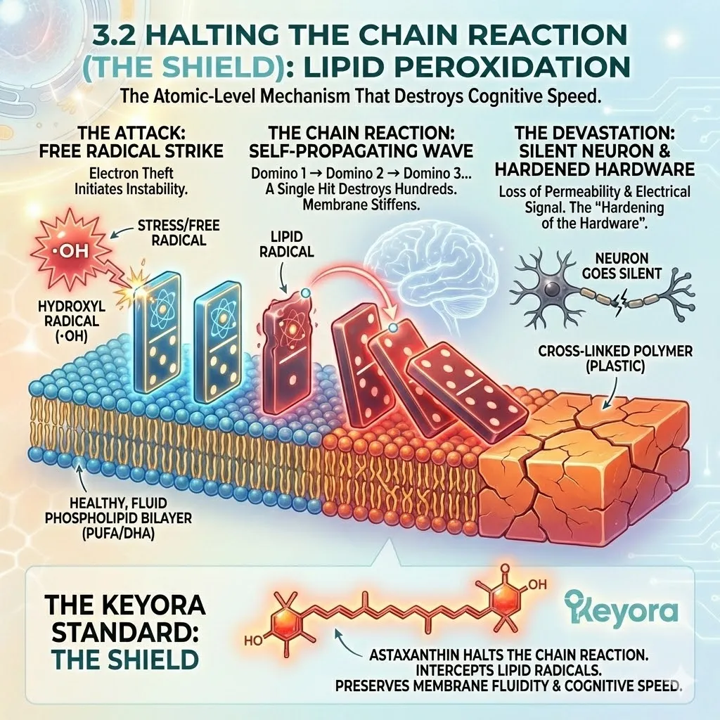 Lipid Peroxidation initiates a self-propagating chain reaction within the Neural Architecture, disrupting the Four-Drive System and causing structural hardware failure. Lipid Peroxidation initiates a self-propagating chain reaction within the Neural Architecture, disrupting the Four-Drive System and causing structural hardware failure.
