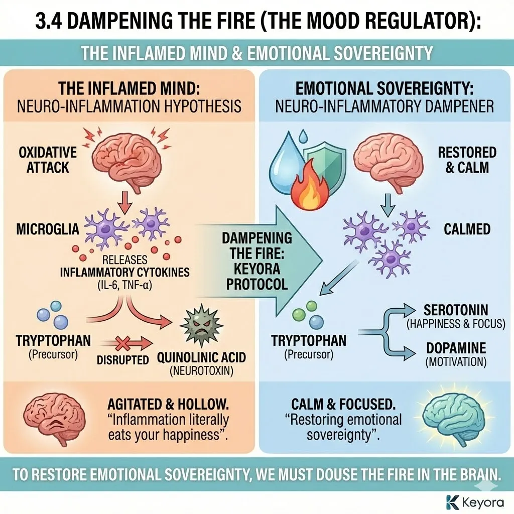 The Neuro-Inflammatory Dampener suppresses IL-6 and TNF-alpha to prevent the conversion of Tryptophan into neurotoxic Quinolinic Acid, restoring emotional sovereignty. The Neuro-Inflammatory Dampener suppresses IL-6 and TNF-alpha to prevent the conversion of Tryptophan into neurotoxic Quinolinic Acid, restoring emotional sovereignty.