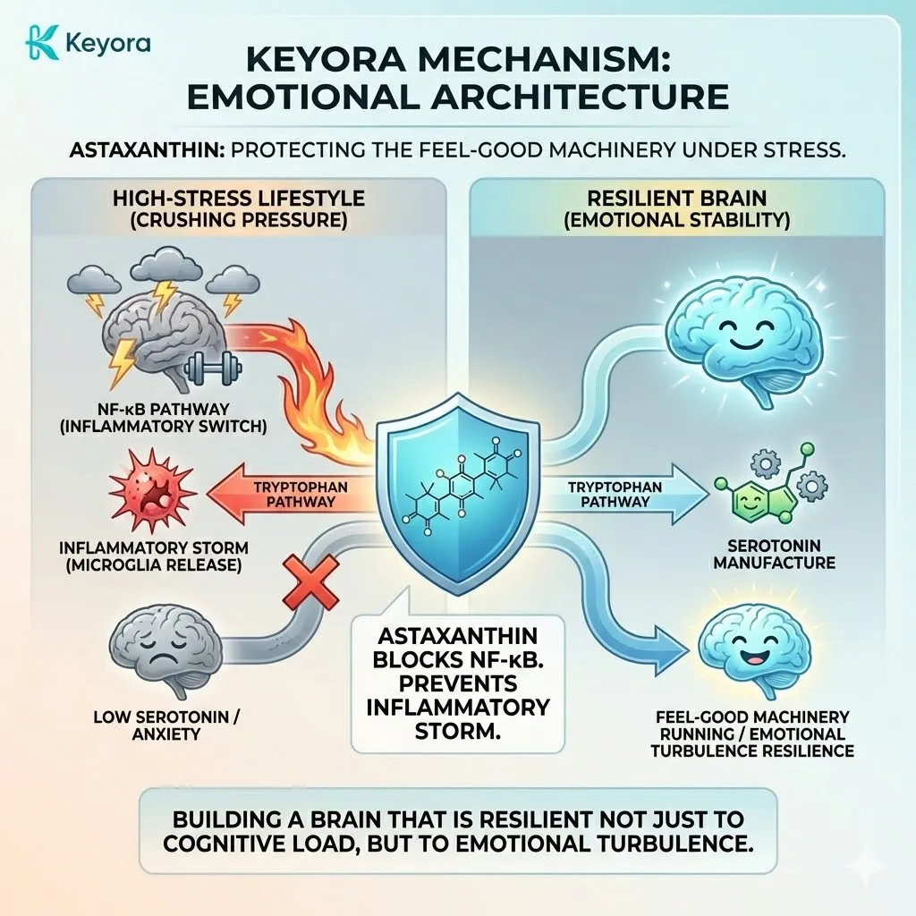 Astaxanthin suppresses the NF-κB pathway to inhibit the Neuro-Endocrine Storm, preserving the Tryptophan pathway for efficient Serotonin synthesis and emotional sovereignty. Astaxanthin suppresses the NF-κB pathway to inhibit the Neuro-Endocrine Storm, preserving the Tryptophan pathway for efficient Serotonin synthesis and emotional sovereignty.