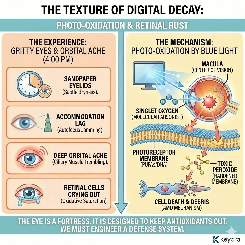 Digital Decay induces Photo-Oxidation through Singlet Oxygen bombardment, causing structural failure in retinal DHA lipids and jamming the Four-Drive System. Digital Decay induces Photo-Oxidation through Singlet Oxygen bombardment, causing structural failure in retinal DHA lipids and jamming the Four-Drive System.