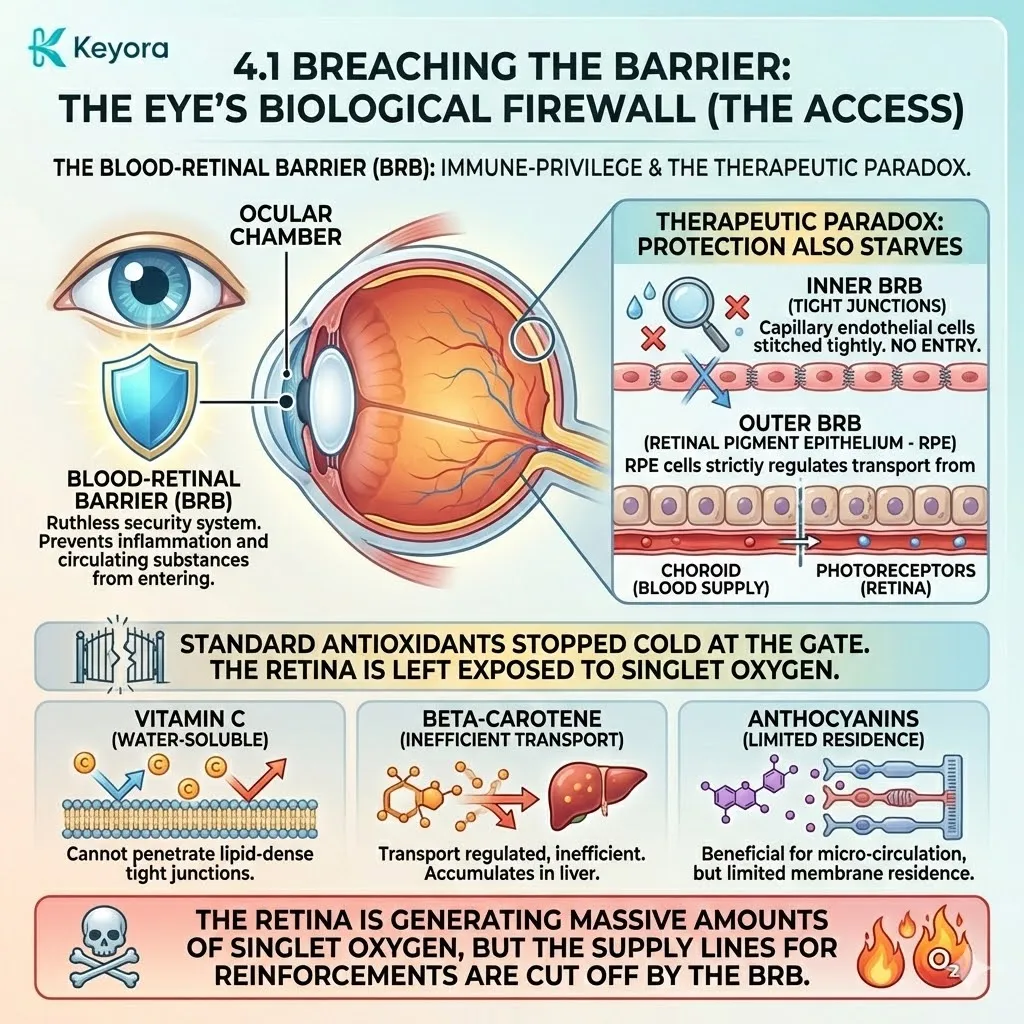 The Blood-Retinal Barrier functions as a biological firewall against the Neuro-Endocrine Storm, yet inadvertently blocks Vitamin C and standard antioxidants from the macula. The Blood-Retinal Barrier functions as a biological firewall against the Neuro-Endocrine Storm, yet inadvertently blocks Vitamin C and standard antioxidants from the macula.