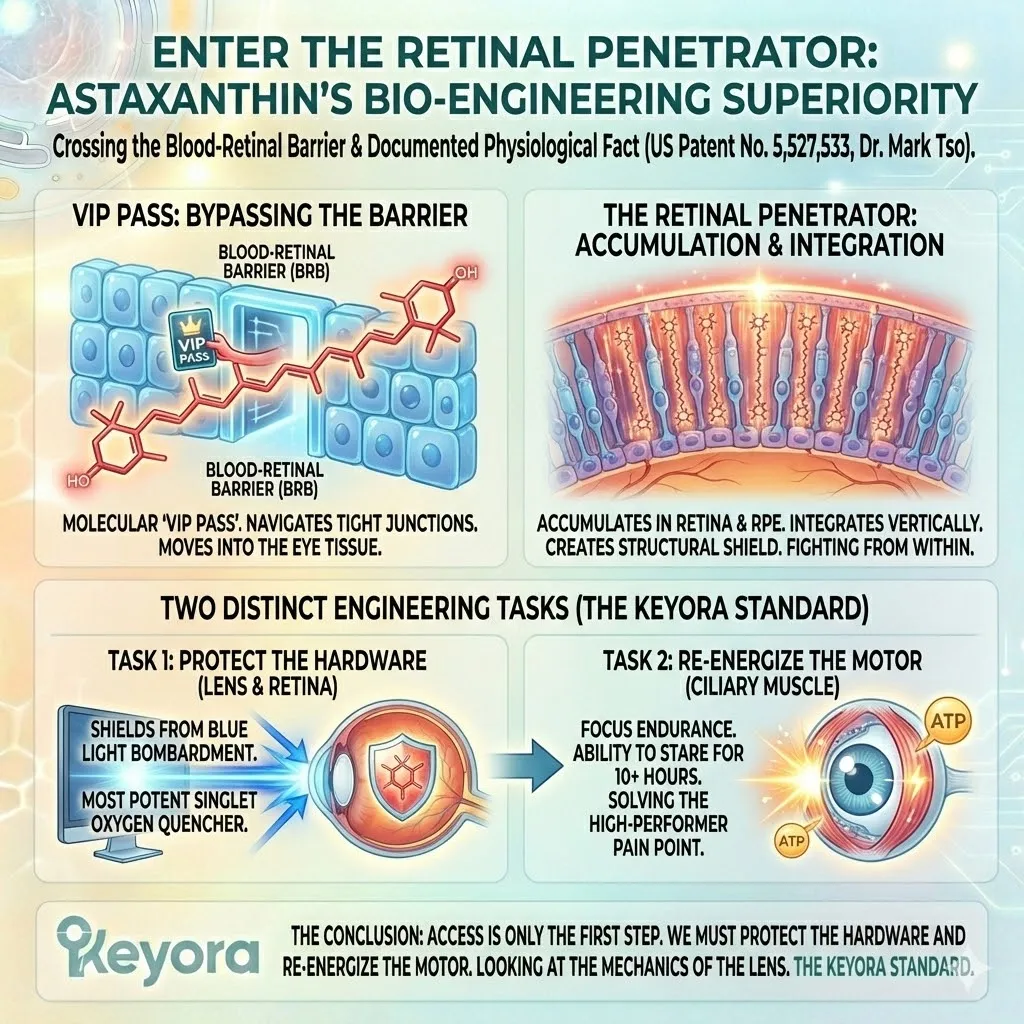 The Retinal Penetrator bypasses the Blood-Retinal Barrier to integrate into photoreceptor membranes, neutralizing Singlet Oxygen and the Neuro-Endocrine Storm. The Retinal Penetrator bypasses the Blood-Retinal Barrier to integrate into photoreceptor membranes, neutralizing Singlet Oxygen and the Neuro-Endocrine Storm.