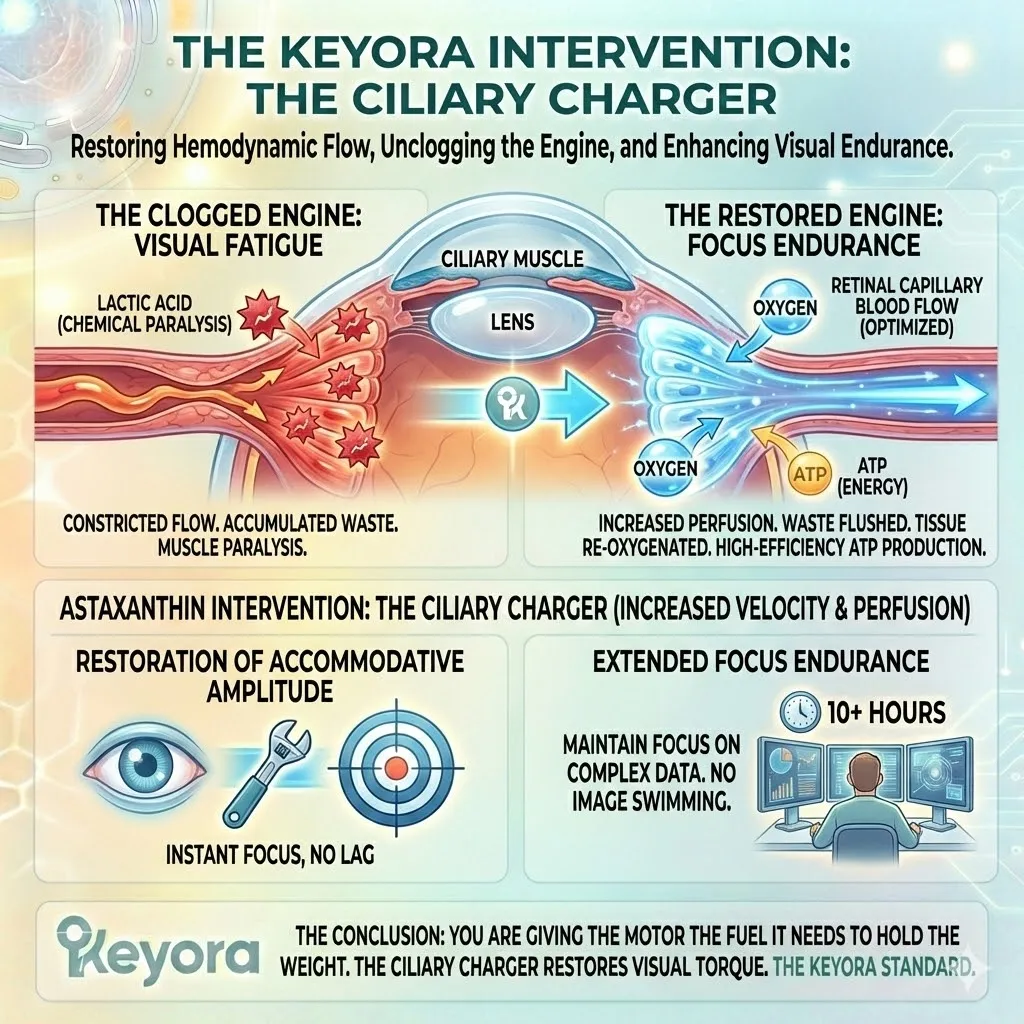 The Ciliary Charger restores Retinal Capillary Blood Flow Velocity, flushing lactic acid and re-oxygenating the motor to optimize ATP Synthesis and accommodation. The Ciliary Charger restores Retinal Capillary Blood Flow Velocity, flushing lactic acid and re-oxygenating the motor to optimize ATP Synthesis and accommodation.