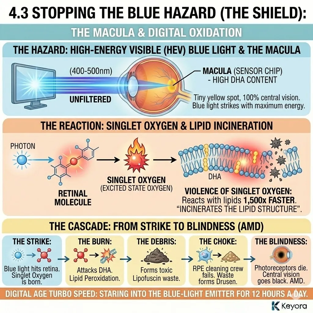 Singlet Oxygen creates a high-energy oxidative strike on retinal DHA, generating Lipofuscin debris and Drusen deposits that disrupt the Four-Drive System. Singlet Oxygen creates a high-energy oxidative strike on retinal DHA, generating Lipofuscin debris and Drusen deposits that disrupt the Four-Drive System.